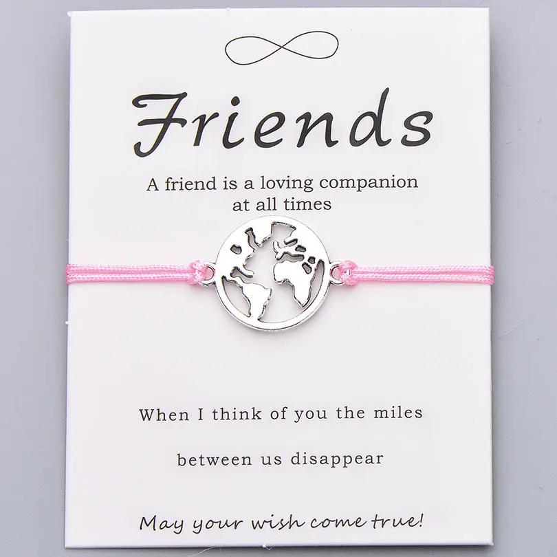 light pink with card Pipitree модный браслет дружбы, красная нить на удачу, Карта мира, браслеты для женщин, мужчин, друзей, ювелирный подарок, регулируемый - Окраска металла: light pink with card
