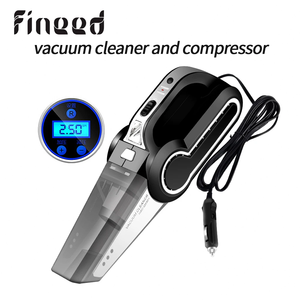 

Fineed air compressor 4-in-1 120W 3000 PA Handheld Vacuum cleaner for car with 12V Tire Inflator Pump Pressure Gauge LED Light