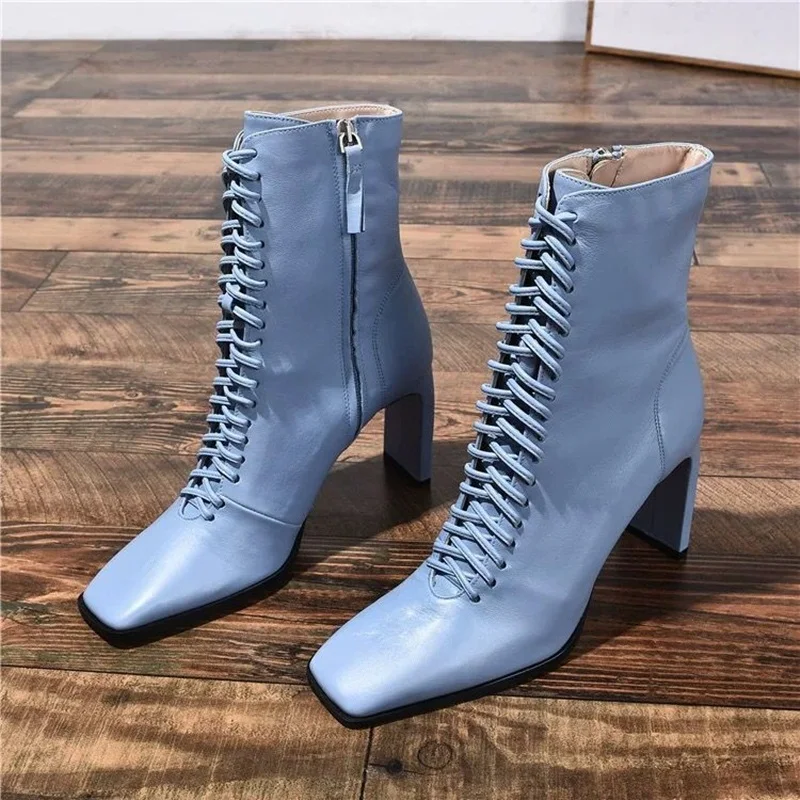 sexy thick high heel shoes woman female square toe martin boots high qulaity new autumn winter women shoes ankle boots Drop Ship - Цвет: blue