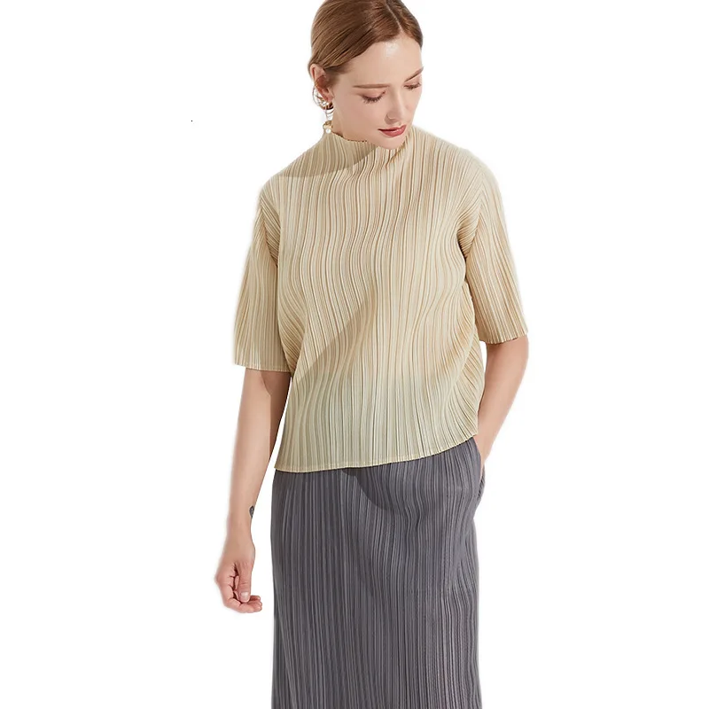 LANMREM Новая летняя модная женская одежда со стоячим воротником и короткими рукавами плиссированный пуловер тонкая рубашка женская блузка WG92812