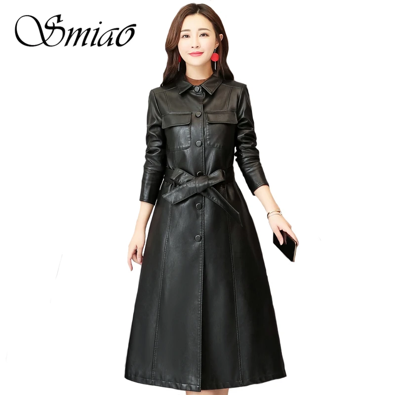 

Women Long Leather Jacket Autumn Winter Fashion Ladies Black Washed PU Leather Trench Coat Female Jacket With Belt Plus Size 4XL