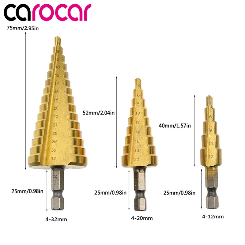 Carocar 3 шт./лот HSS Сталь большой шаг конус треугольная ручка с металлическим покрытием сверло из высокопрочной стали дыра резак 4-12/20/32 мм