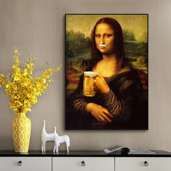 

Spoof fun Mona Lisa drinking beer Canvas Painting Posters and Print Quadro Wall Art Picture for Living Room Cuadros Home Decor