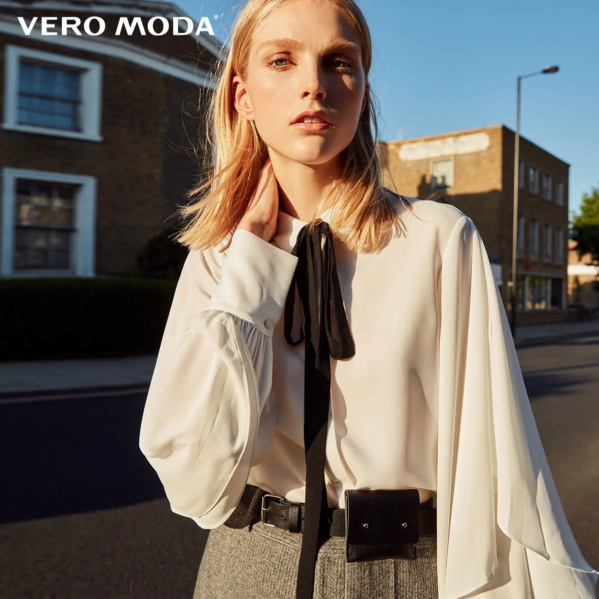 Vero Moda Новое поступление женские открытые Гофрированные Рукава галстук шифоновая рубашка | 318405506 - Цвет: Snow white