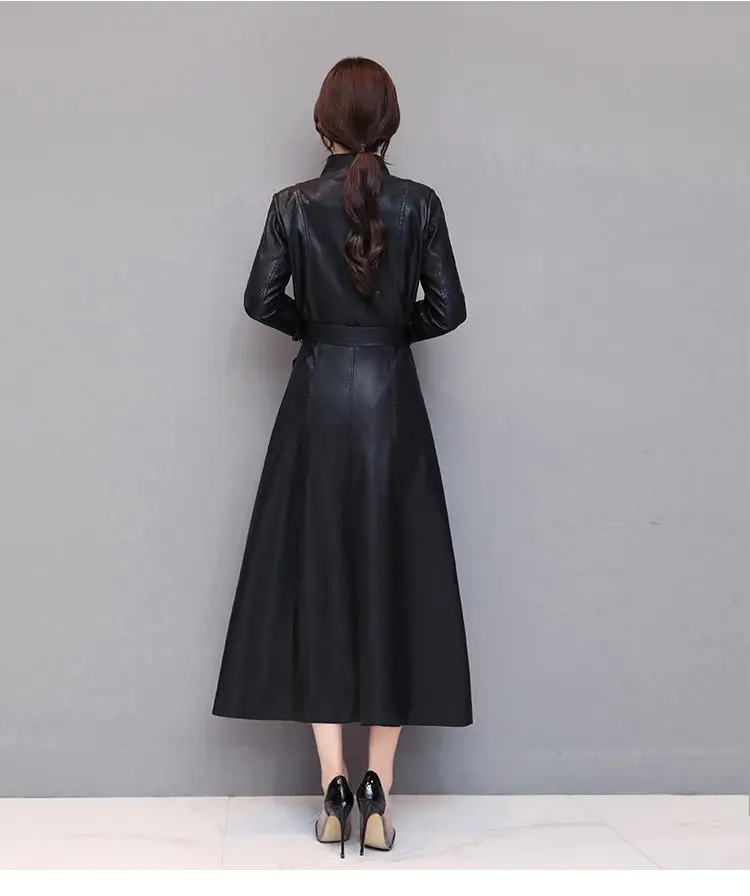 Women Autumn Winter X-Long Faux Leather Coat Soft Slim Leather Jacket Female Plus Size Sheepskin Trench Coat With Belt T102