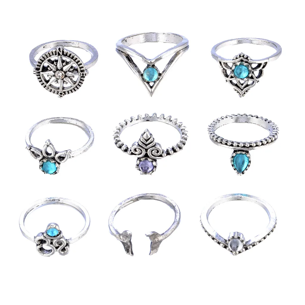 9pcs Vintage Women Rings Tribal Ethnic Hippie Crystal Joint Ring Set