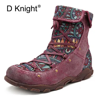 

D Knight Brand Botines Mujer 2019 Autumn Winter Handmade Women Lady Western Boots Shoes Lace Up Side Zipper Ankle Boot For Women