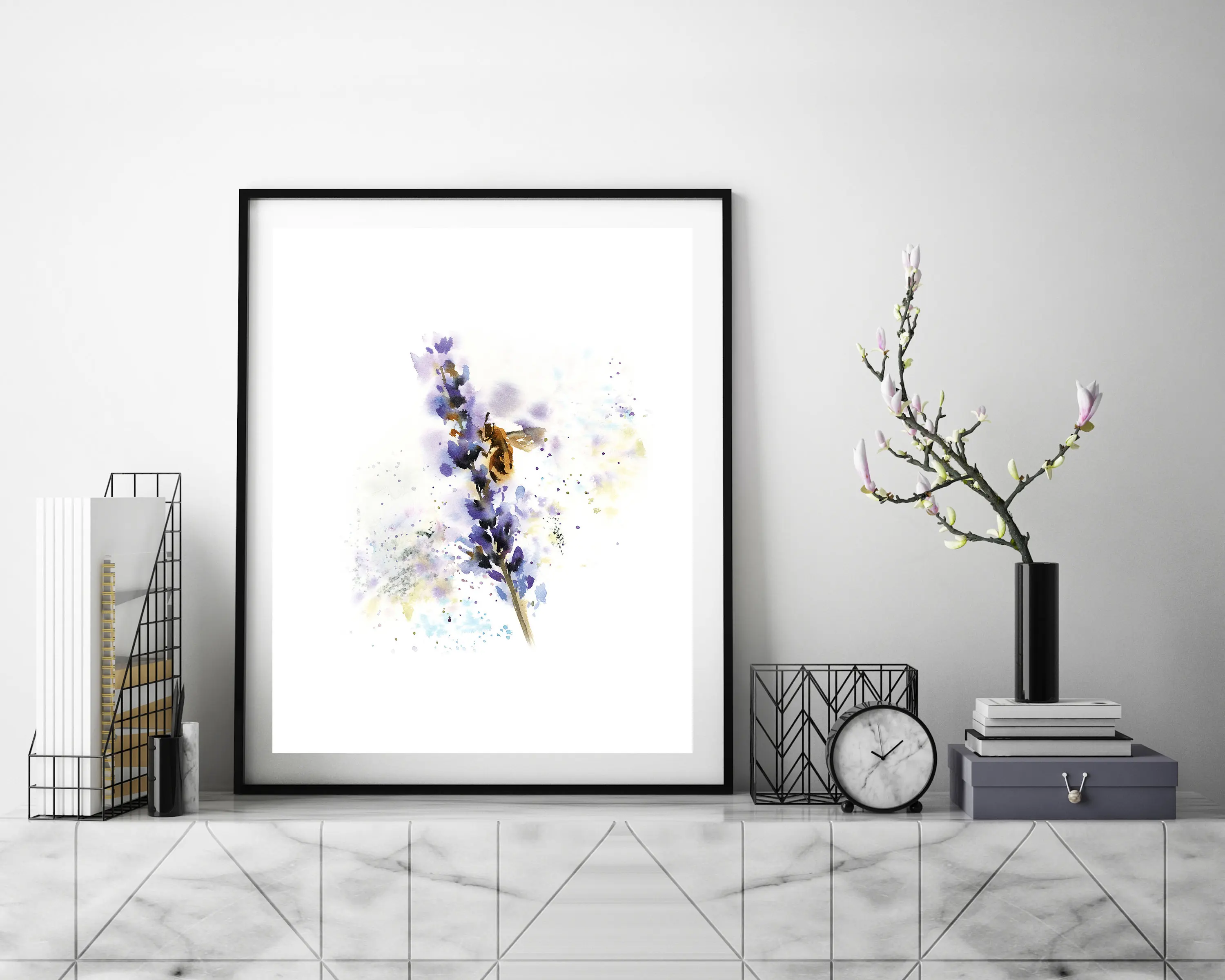 Lavender and a Bee Loose Style Floral Art Print Flowers print Modern Botanical Purple Wall Giclee Archival | Дом и сад