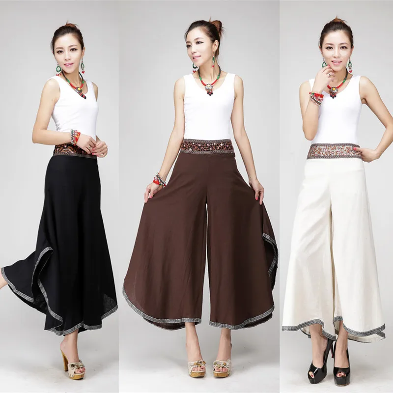 Летние хлопковые льняные брюки с вышивкой в национальном стиле женские