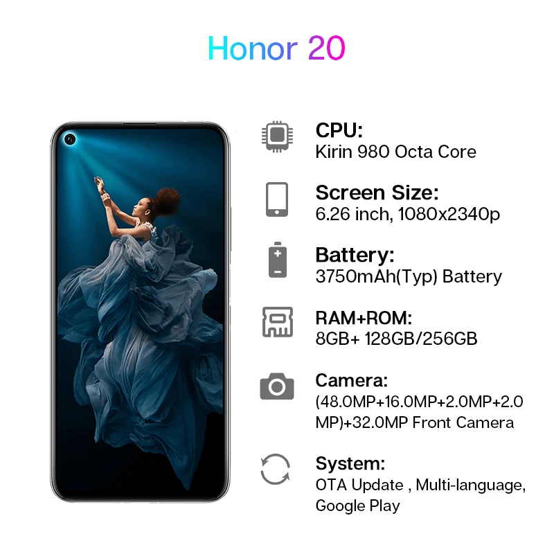 Глобальная прошивка Honor 20 мобильный телефон Kirin 980 Octa Core 8GB Оперативная память 256 ГБ Оперативная память 3750 мАч супер заряда 6,26 дюймов Поддержка Google Play