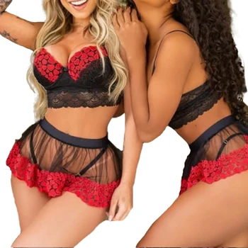 

Women Summer Sexy Pajama Set Lingerie Sets Love-Heart Printed Lace Bra and High Waist Panty Skirt 2 Pieces Outfits Babydoll Sets