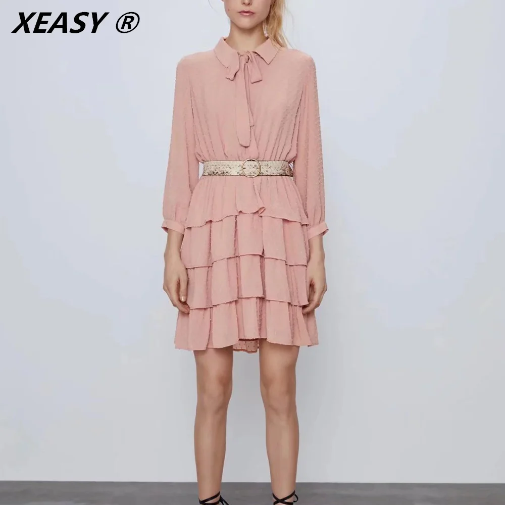 

XEASY весенние платья для женщин 2022 однотонные повседневные платья для женщин с поясом тонкое мини-платье с длинным рукавом милое женское платье