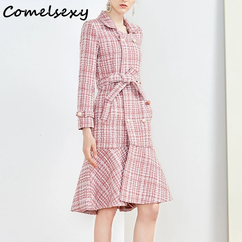 

Autumn Winter Pink Plaid Tweed Wool Long Coat Women Notched Double Dreasted Sashes Ruffles Woolen Overcoat Mermaid Outerwear