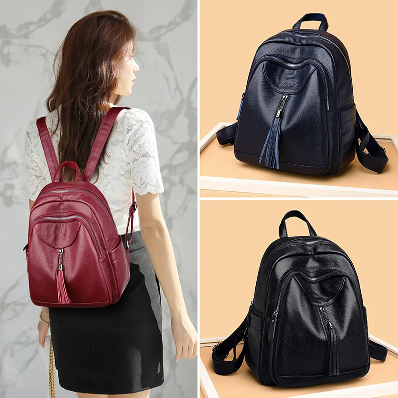 

Large Tassels Pendant Backpacks for Women Vintage Leather Female Travel Shoulder Back Pack Daily Mochilas School Bags for Girls