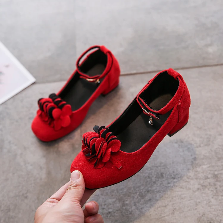 Цветок Дети Девочки Дети Красный Высокий каблук Свадебная вечеринка обувь для больших девочек принцесса кожаные туфли 4 5 6 7 8 9 10 11 12 лет - Цвет: red
