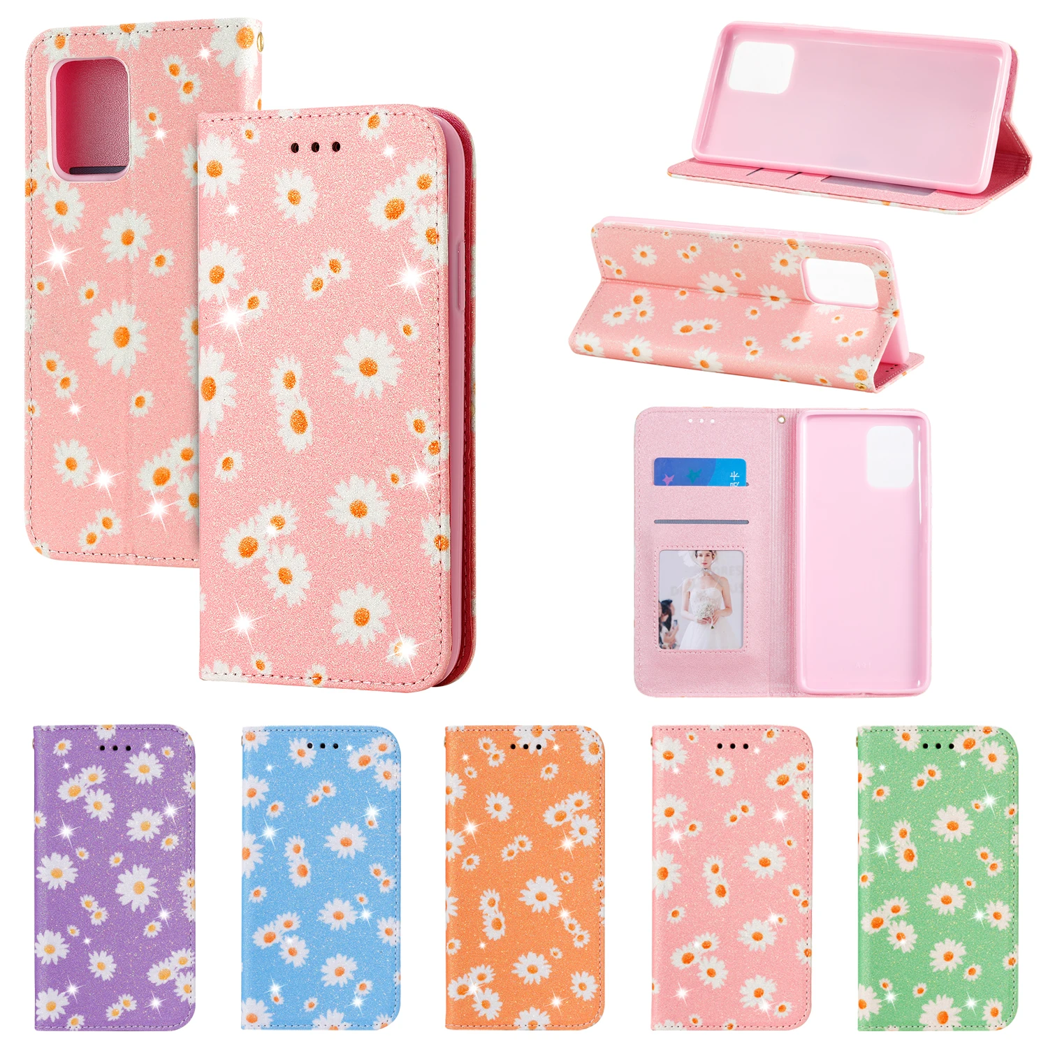 A 91 Fashion Daisy Flowers Leather Flip Case For Samsung Galaxy A91 Funds Mobile Phone Cover Glitter Capa | Мобильные телефоны и