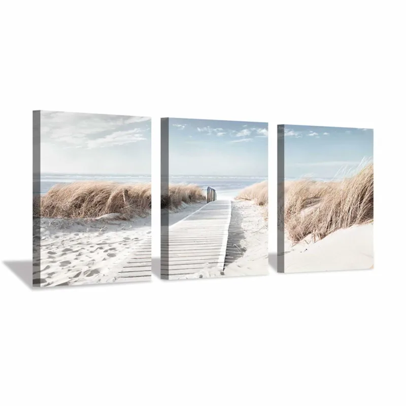 Framed Coastal Beach Canvas Wall Art Pathway To Shoreline Landscape Artwork Office Painting 3 Panels Print Poster Modern Decor | Дом и сад