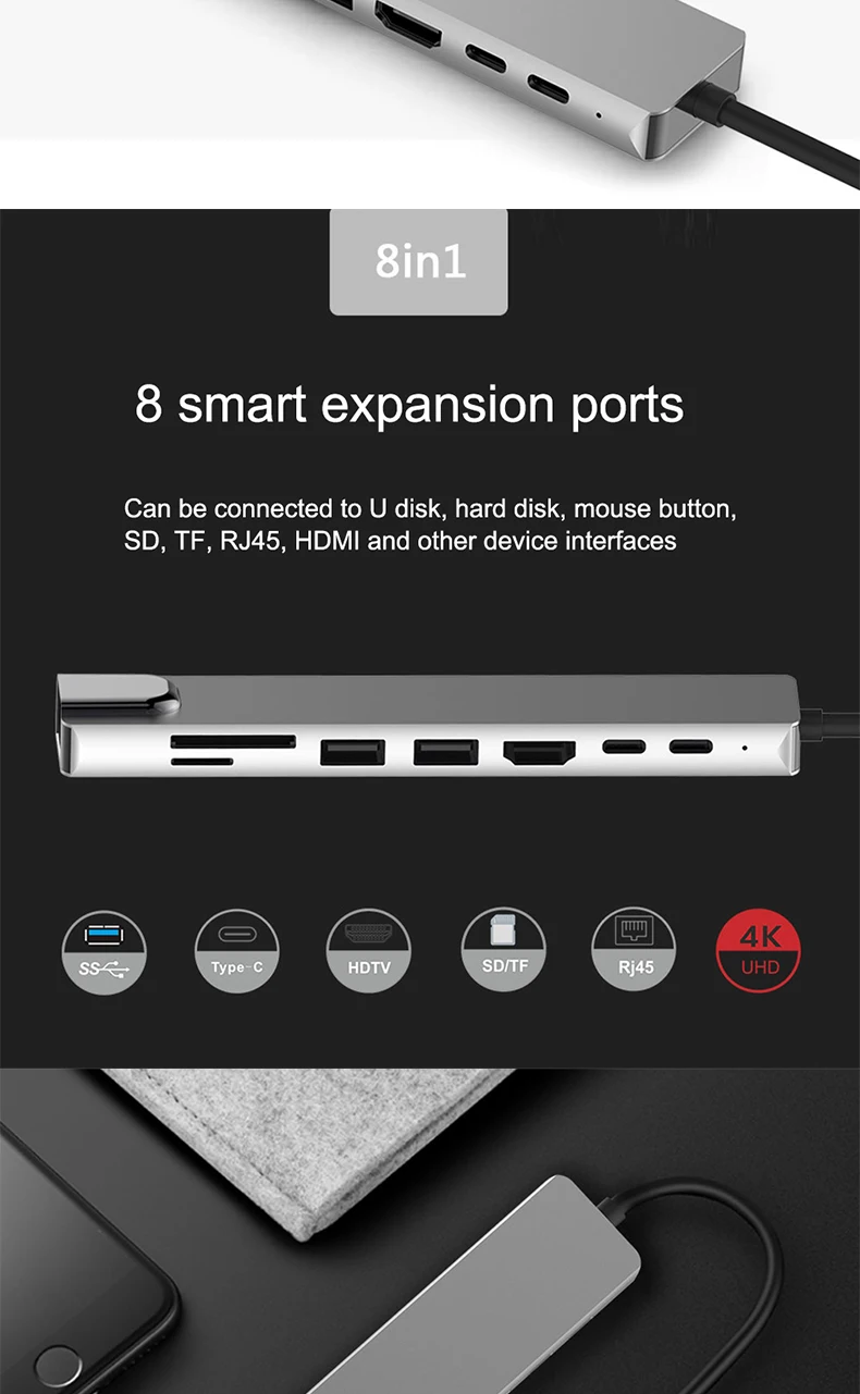 Тип-c 8-1 концентратор многофункциональная док-станция USB HUB конвертер мультимедийного интерфейса высокой четкости зарядка PD сетевая карта 3.0HUB