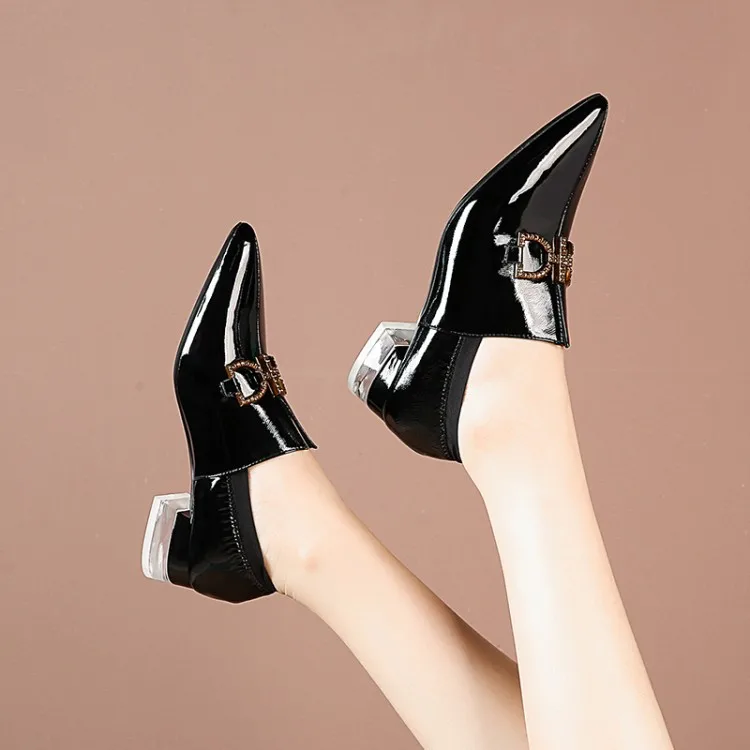 

Autumn & Winter Fashion Simple Pointed-Toe Metallic Decoration shui jing gen Semi-high Heeled Full-grain Leather Women's Fashion
