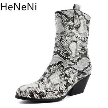 

New Snake Skin Boots Women Thick Heel Boot Pointed Toe Zip Shoes ladies Western ankle boots winter Ladies chunky wedges boots