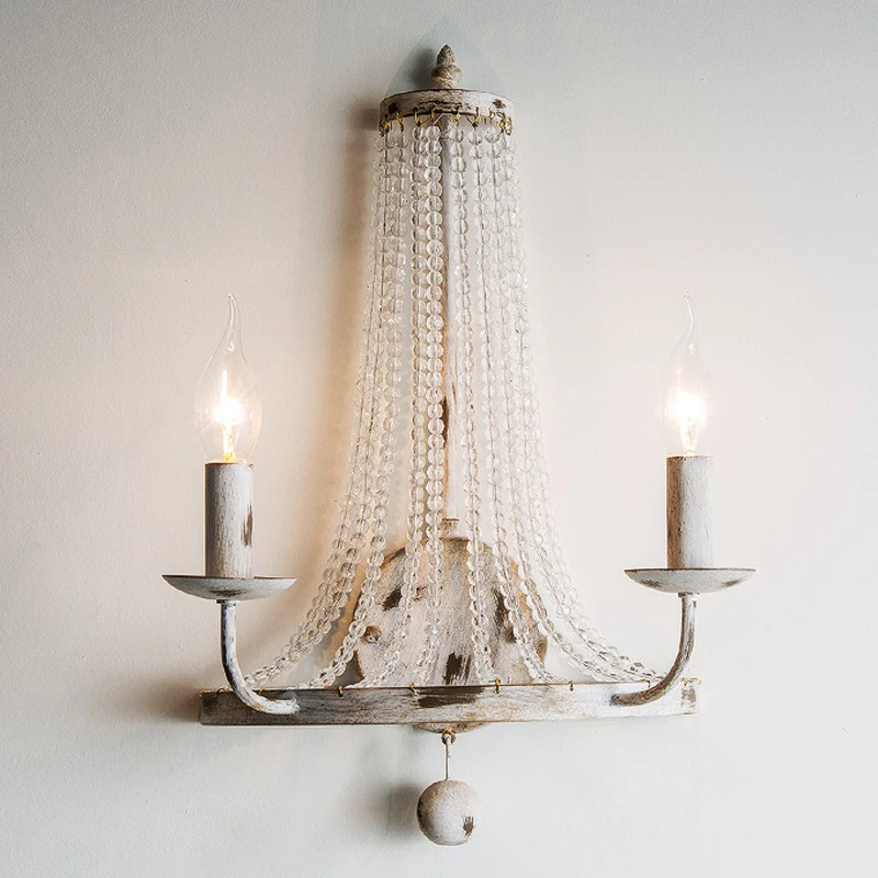 

American country crystal wall lamp French simple European bedroom art iron art RETRO antique white living room background wall