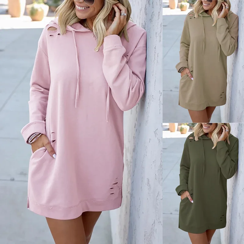 

Women's Mid Length Loose Long Sleeved Hole Drawstring Sweatshirt 2020 Autumn And Winter Season Hooded Solid Color Sweater FC746