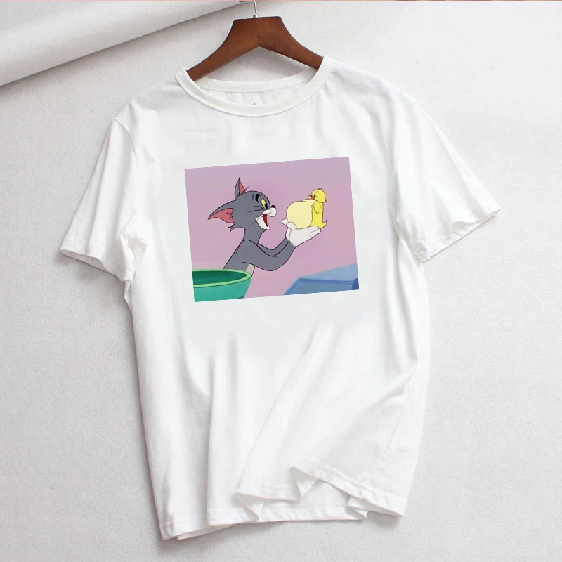 Повседневные летние топы с рисунком из мультфильма «Джерри Маус», «Кот Том», забавная пародия, женские свободные футболки с буквенным принтом большого размера, милые винтажные футболки с Ulzzang