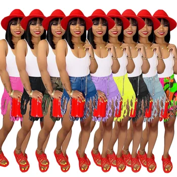 

28S3553 Summer Women Casual Tassel Bleached Button Fly Pants Jeans