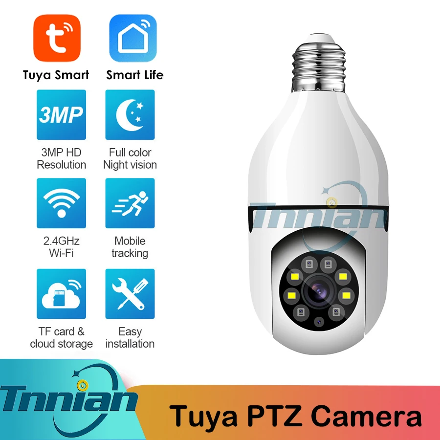 1080P HD E27 Bulb Tuya Smart Wifi Camera 3MP PTZ Cam Color Night Vision Two Way Talk Auto Tracking Home CCTV Security | Безопасность и