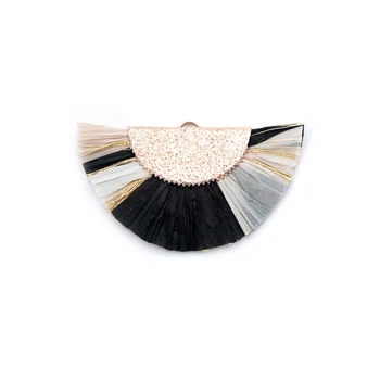 

10pcs Fan Tassel Pendants 46x28mm, Raffia Tassel Charms for Earrings, Black white Ivory (FB-016-15)