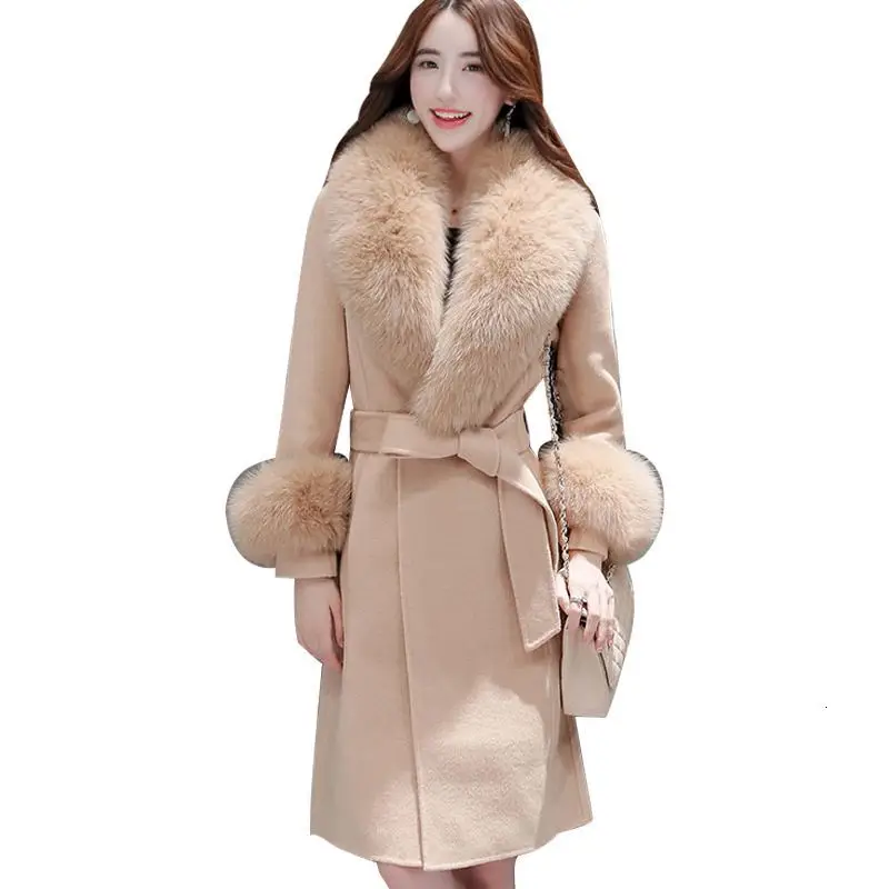 ##BUY New Fashion Winter Cashmere Slim Long Women Woolen Coats Female Faux Fox Fur Collar Sashes Warm Thicken Blends Jackets B62