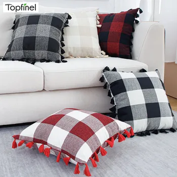 

Topfinel Buffalo Check Pillow Case Cotton and Linens Cushion Covers With Four Side Tassels Plaid Decorative Throw Pillow Cases