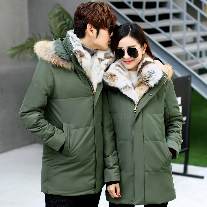 2021 winter clothing new men's down jacket youth real rabbit fur big collar thickened down jacket couples long white duck down