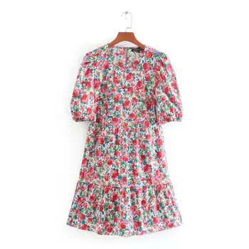 

New 2020 Women Sweet Floral Print Poplin Mini Dress French Style O Neck Short Sleeve Vestidos Femme Pleats Casual Dresses