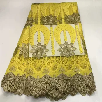 

Graceful yellow evening dress material French net lace fabric with cord lace and rhinestones ZQN273(5yards/lot)