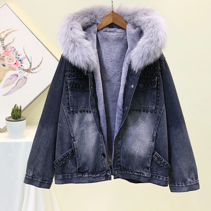 Winter Parkas Mujer Loose Warm Plus velvet Lining+ Big Fur Collar Hooded Denim Jacket Women Outwear Beading Jeans Jacket Coat