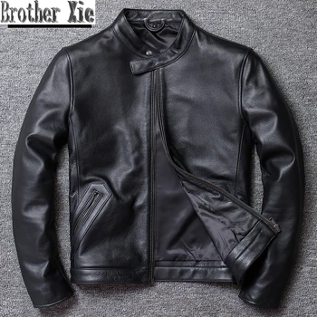 

Casual Leather Jacket Men Slim Stand Collar Genuine 100% Cowhide Real Leather Large Size 5XL Motorcycle Jacket Biker Coat Male