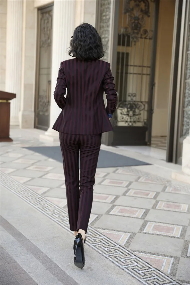 High Quality Fabric Novelty Wine Striped Women Business Suits with Pants and Blazer Coat Autumn Winter Professional Pantsuits