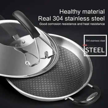 

Honeycomb Non-Stick Wok 304 Stainless Steel 34cm Spatula Fried Egg Pancake Pot Smokeless Wok Frying Pan Kitchen Cookware