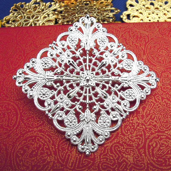 

61x61mm Silver Plated Copper square Filigree Flower Bezel Tray Pins Brooches base Settings Findings Blank DIY Jewelry Making