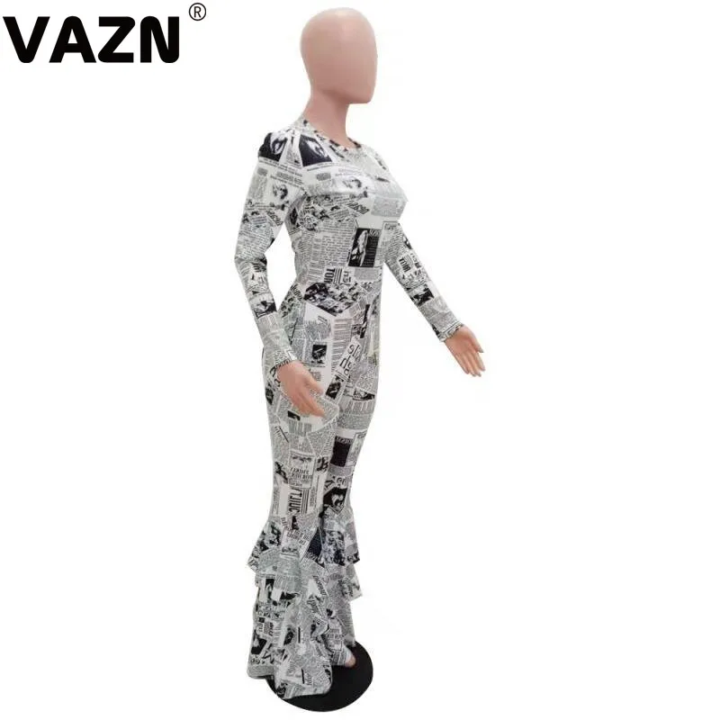 VAZN, осень, хит, газетные обтягивающие длинные Комбинезоны, Женские повседневные комбинезоны с длинным рукавом и круглым вырезом, женские облегающие комбинезоны