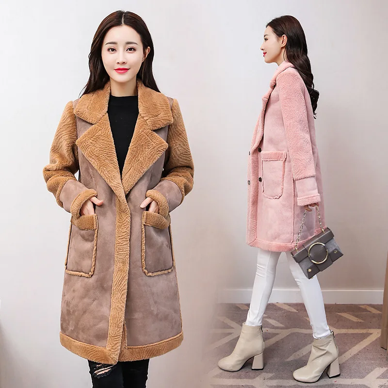 

2019 Autumn And Winter New Style Korean-style Thick Mid-length Joint Fur Suede Lambs Wool Coat Woman Cotton Dress