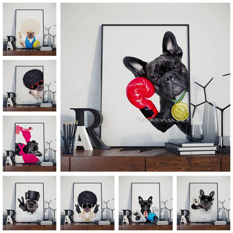 Картина на стену в скандинавском стиле боксерская собака Фламинго забавная
