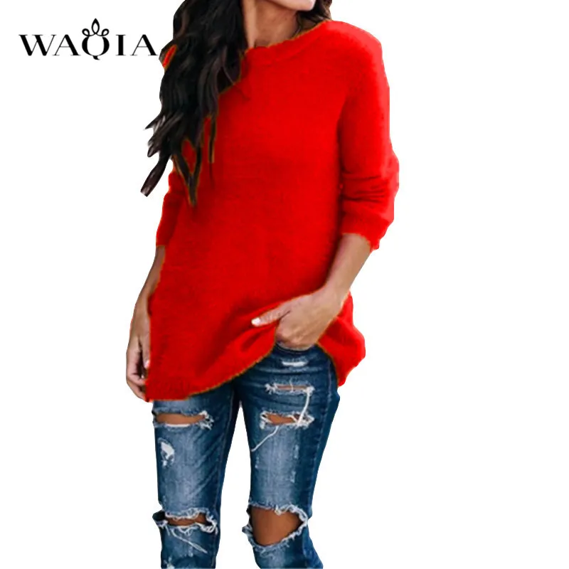 Осенне-зимний плюшевый свитер размера плюс 5XL, повседневный однотонный вязаный свитер с длинными рукавами и круглым вырезом, повседневные свободные женские джемперы - Цвет: Красный