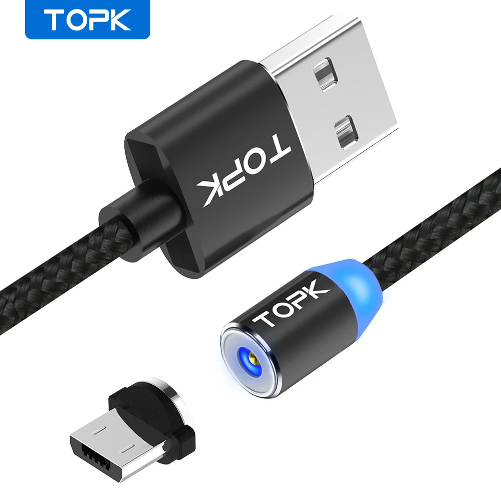 Магнитный кабель TOPK AM23 1 м и 2 Micro USB со светодиодным индикатором нейлоновый