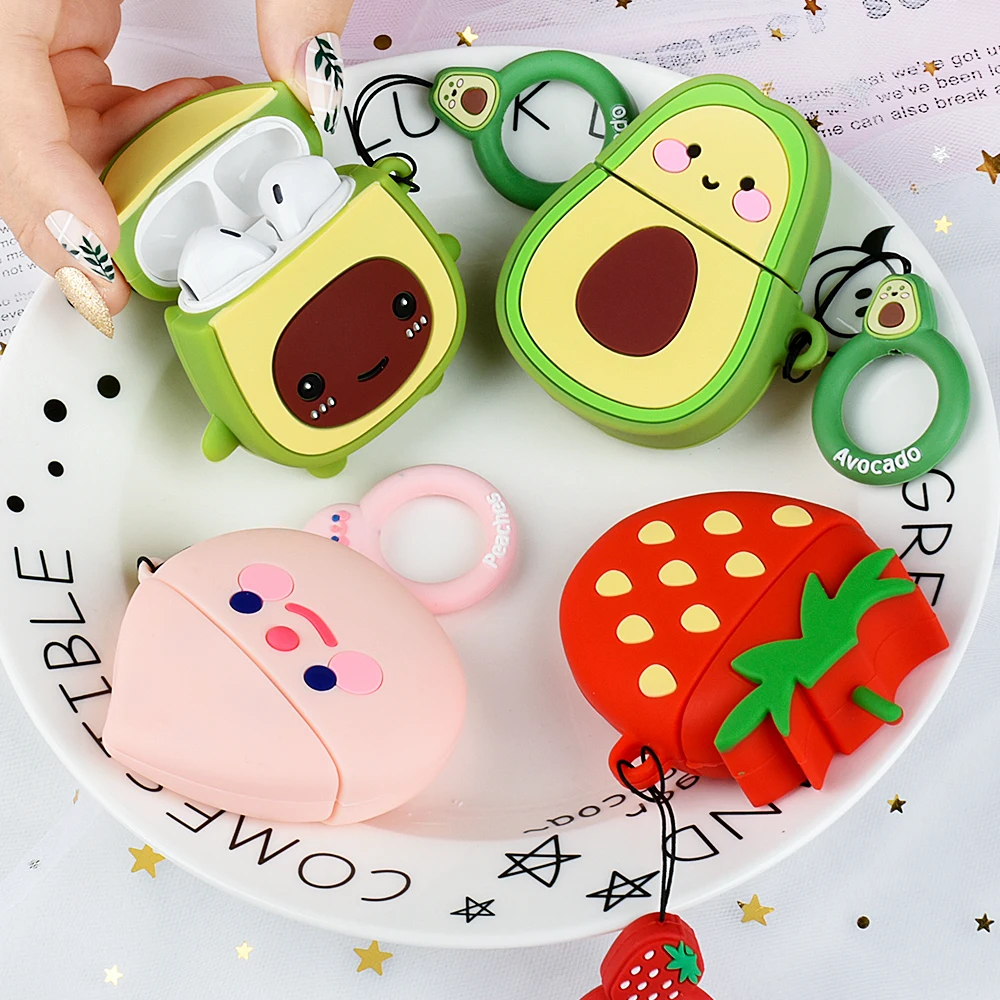 Case For Apple AirPods 2 1 Earphone Soft TPU Case For Apple Air Pods 1 2 Cute Cartoon Strawberry Avocado Peach Cover With Hooks