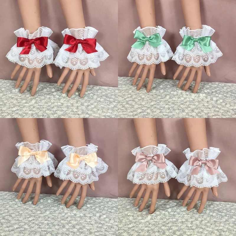 Japanese Style Lolita Hand Sleeve Wrist Cuffs Sweet Ruffled Lace Multicolor Bowknot Maid Cosplay Bracelet Wristband Prom Party cosplay wrist cuffs cosplay bracelet