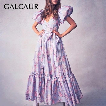 

GALCAUR Print Ruffles Dresses For Women V Neck Puff Short Sleeve High Waist Lace Up Ruched Dress Female Fashion Clothes 2020 New