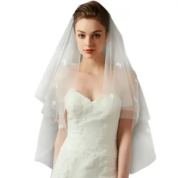 

Women 2 Tier Long Tulle Wedding Veil Wavy Trim Faux Pearl Mini Bowknot Decor Drape Face Cover Bridal Hair Accessories