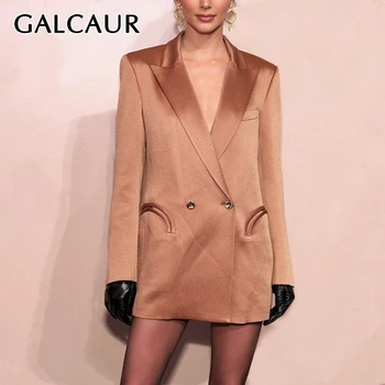 

GALCAUR Satin Solid Blazer For Women Notched Collar Long Sleeve Elegant Large Size Coats Female Fashion Autumn 2020 New Clothes